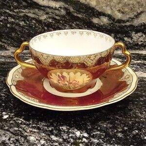 Antique Bavaria “Iris” Hand Painted Procelain Two Handle Cup And Saucer Set